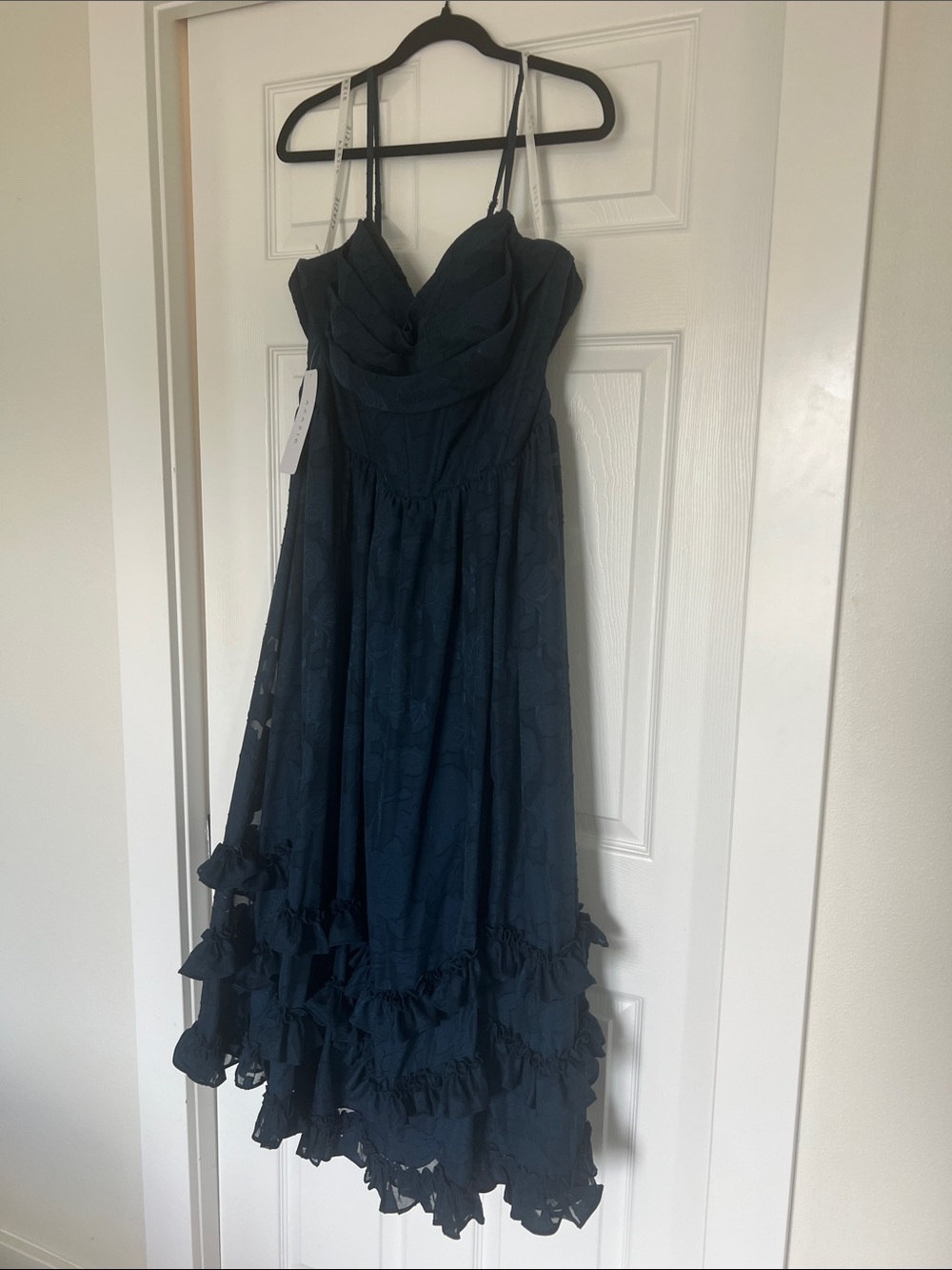 Navy Ruffle Midi Dress with Spaghetti Straps